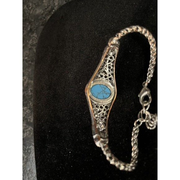 Canyon Sky Southwest Inspired Bracelet Intricate Silver Tone w/ Oval Turquoise - Picture 5 of 5